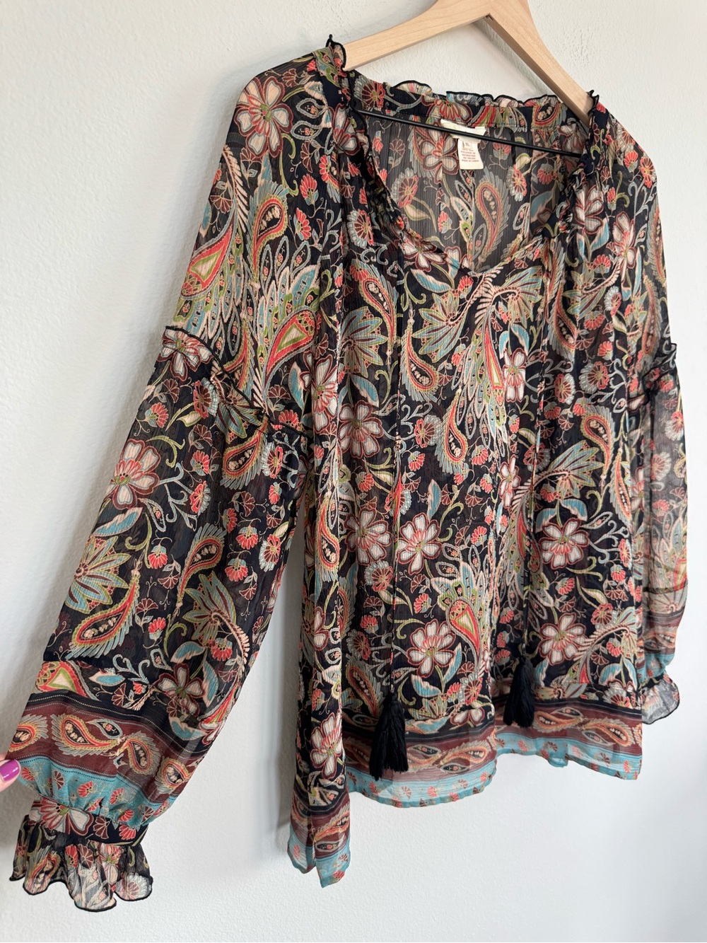 Sundance 100% Silk Boho Sheer Paisley Floral Tassel Tie Peasant Blouse XL - Picture 3 of 12